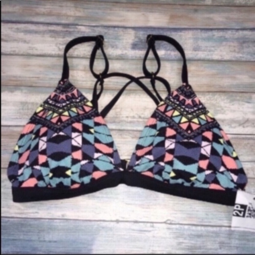 Xhilaration Geometric Bikini Top Large Green Pink Triangle Swim Top - Picture 2 of 4